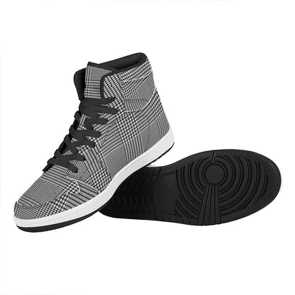 Black And White Glen Plaid Print High Top Leather Sneakers