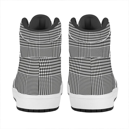 Black And White Glen Plaid Print High Top Leather Sneakers
