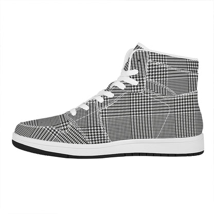 Black And White Glen Plaid Print High Top Leather Sneakers