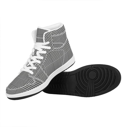 Black And White Glen Plaid Print High Top Leather Sneakers