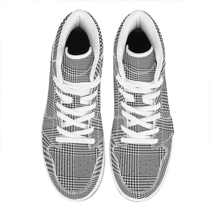 Black And White Glen Plaid Print High Top Leather Sneakers