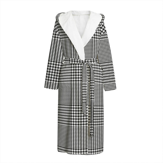 Black And White Glen Plaid Print Hooded Bathrobe
