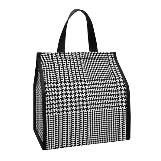 Black And White Glen Plaid Print Insulated Lunch Tote