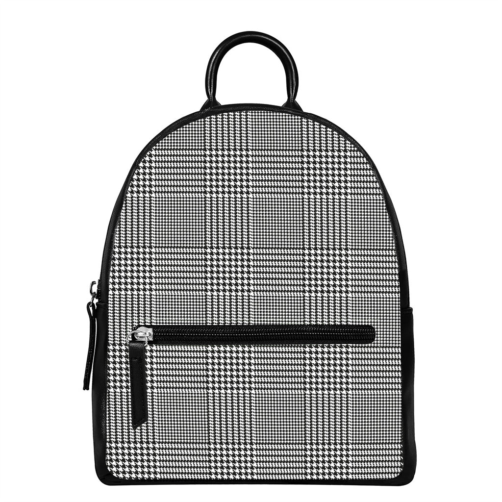 Black And White Glen Plaid Print Leather Backpack