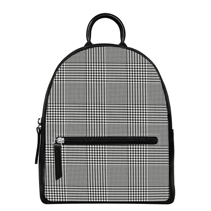 Black And White Glen Plaid Print Leather Backpack