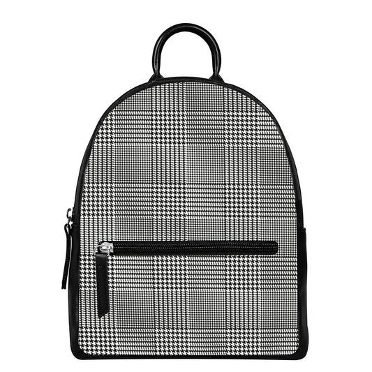Black And White Glen Plaid Print Leather Backpack