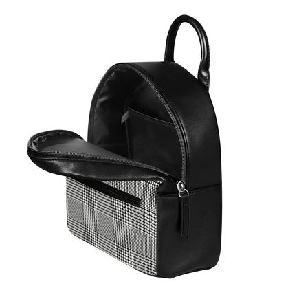 Black And White Glen Plaid Print Leather Backpack