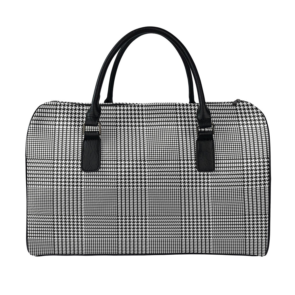Black And White Glen Plaid Print Leather Duffle Bag