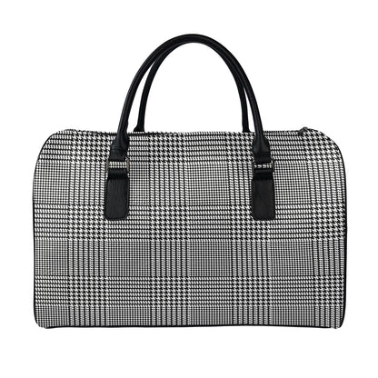 Black And White Glen Plaid Print Leather Duffle Bag