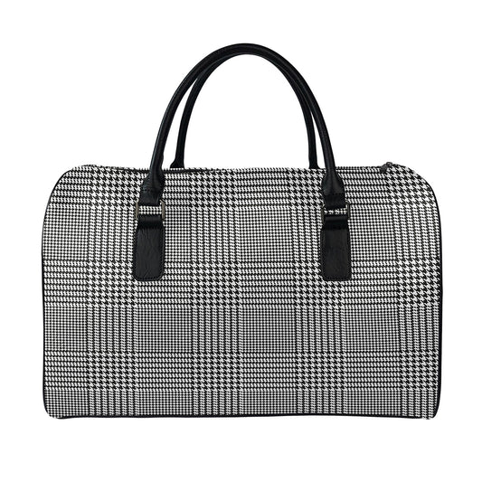 Black And White Glen Plaid Print Leather Duffle Bag