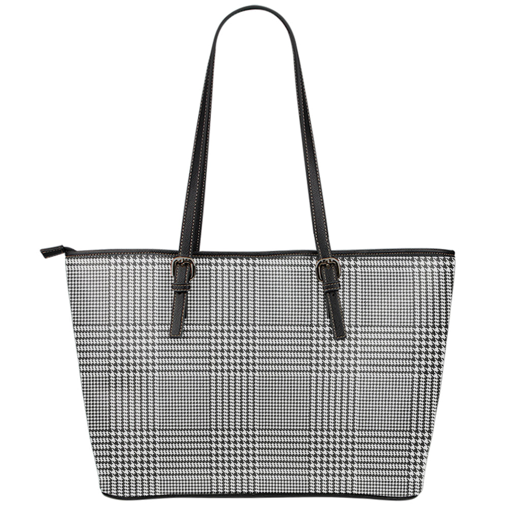 Black And White Glen Plaid Print Leather Tote Bag