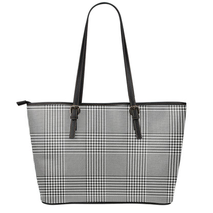 Black And White Glen Plaid Print Leather Tote Bag