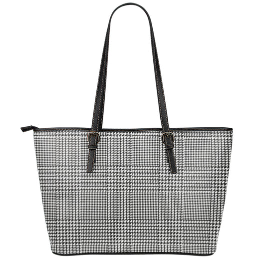 Black And White Glen Plaid Print Leather Tote Bag