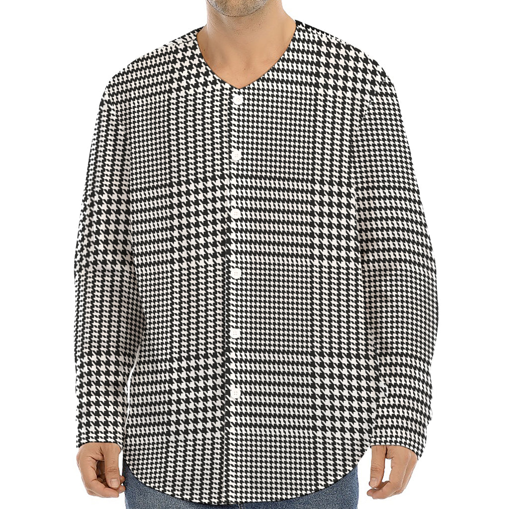 Black And White Glen Plaid Print Long Sleeve Baseball Jersey