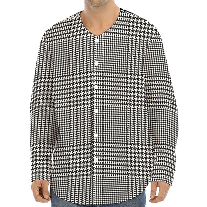 Black And White Glen Plaid Print Long Sleeve Baseball Jersey