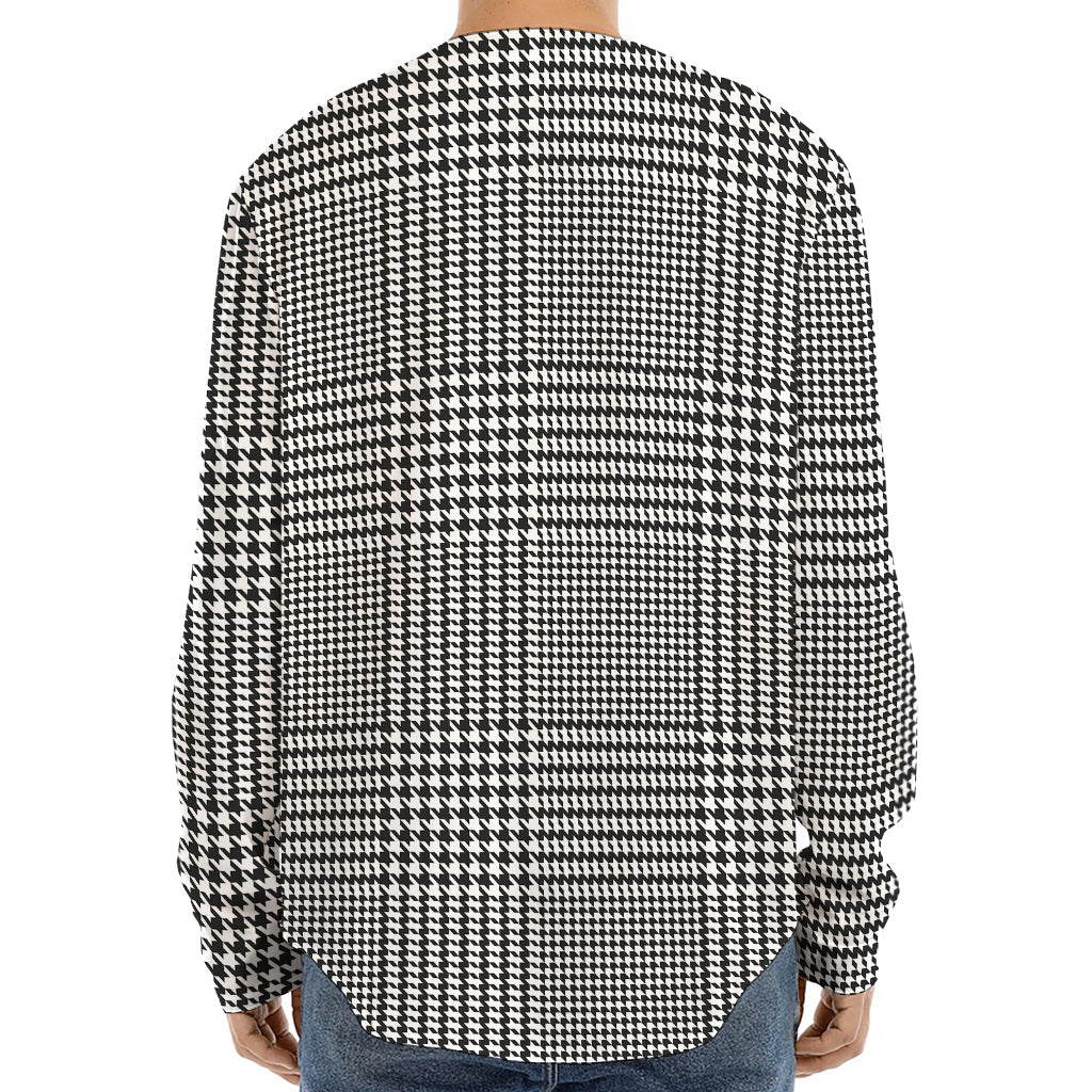 Black And White Glen Plaid Print Long Sleeve Baseball Jersey