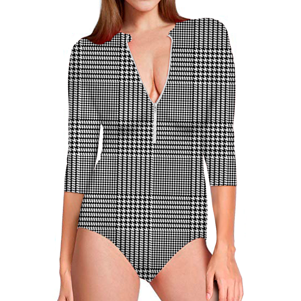 Black And White Glen Plaid Print Long Sleeve Swimsuit