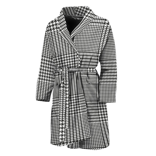 Black And White Glen Plaid Print Men's Bathrobe