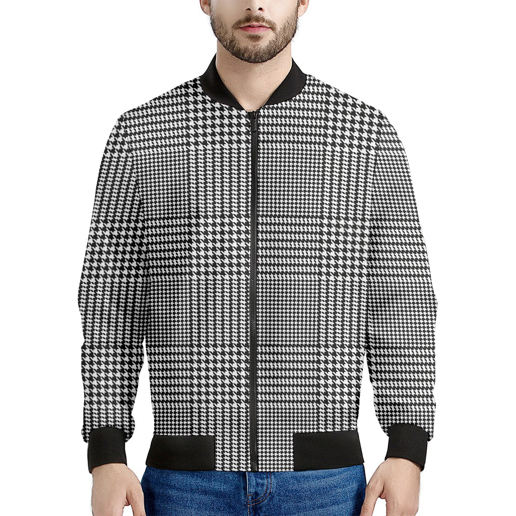 Black And White Glen Plaid Print Men's Bomber Jacket