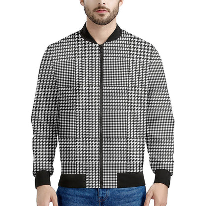 Black And White Glen Plaid Print Men's Bomber Jacket