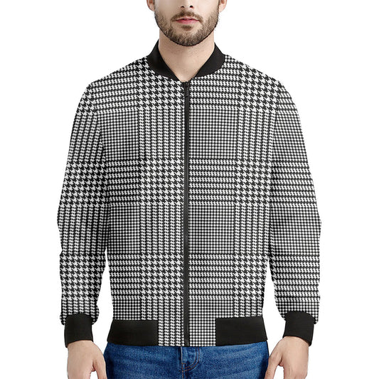 Black And White Glen Plaid Print Men's Bomber Jacket