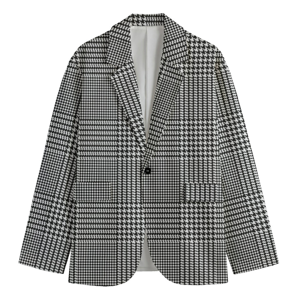 Black And White Glen Plaid Print Men's Cotton Blazer