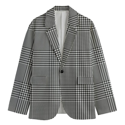 Black And White Glen Plaid Print Men's Cotton Blazer