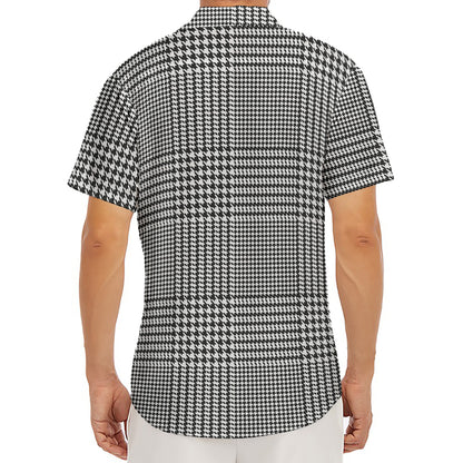Black And White Glen Plaid Print Men's Deep V-Neck Shirt