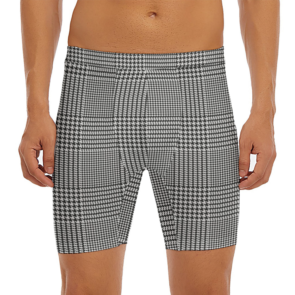 Black And White Glen Plaid Print Men's Long Boxer Briefs