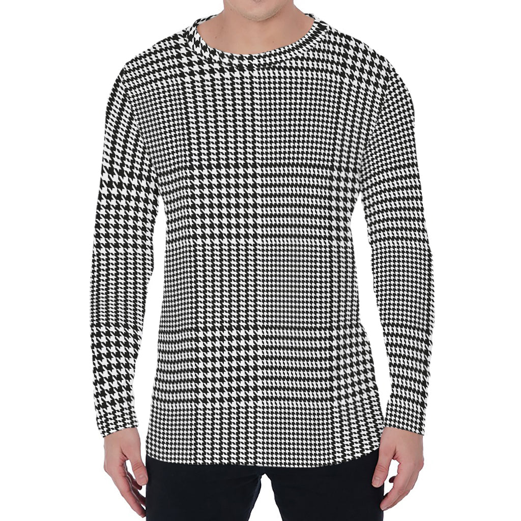 Black And White Glen Plaid Print Men's Long Sleeve T-Shirt