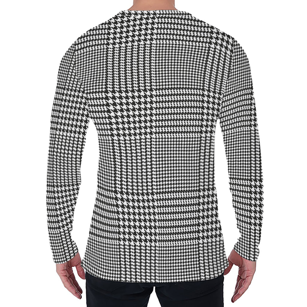 Black And White Glen Plaid Print Men's Long Sleeve T-Shirt