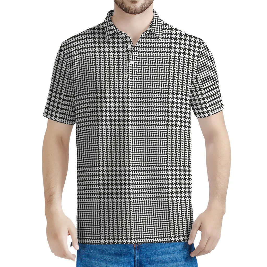 Black And White Glen Plaid Print Men's Polo Shirt