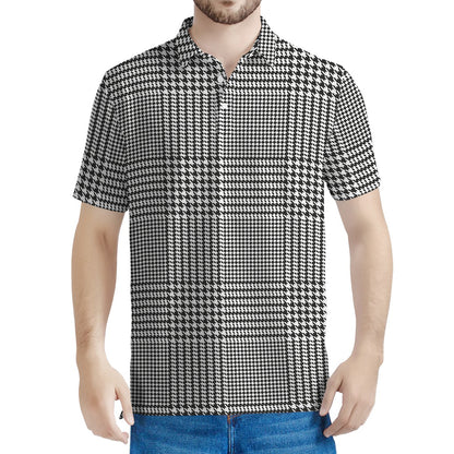 Black And White Glen Plaid Print Men's Polo Shirt