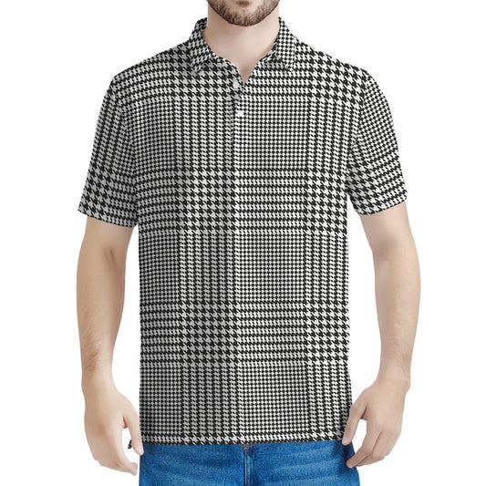Black And White Glen Plaid Print Men's Polo Shirt