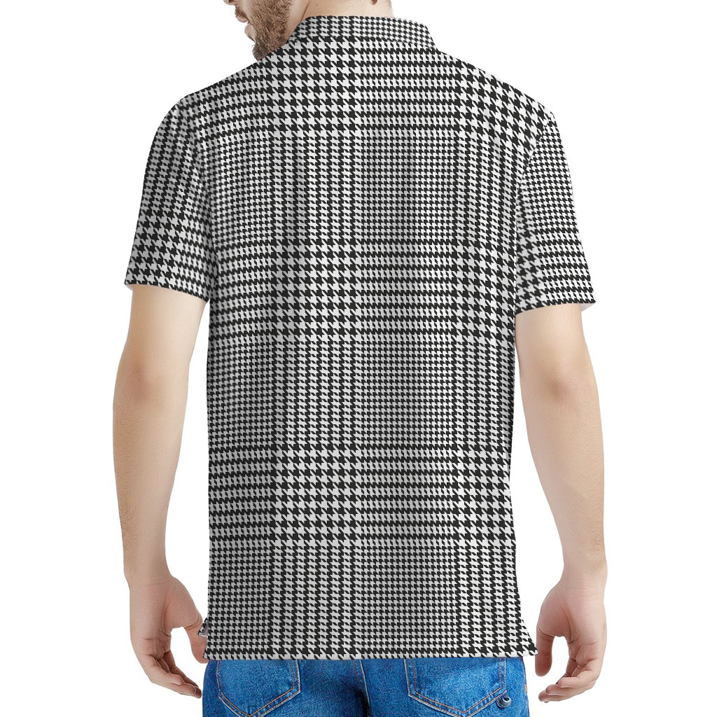Black And White Glen Plaid Print Men's Polo Shirt