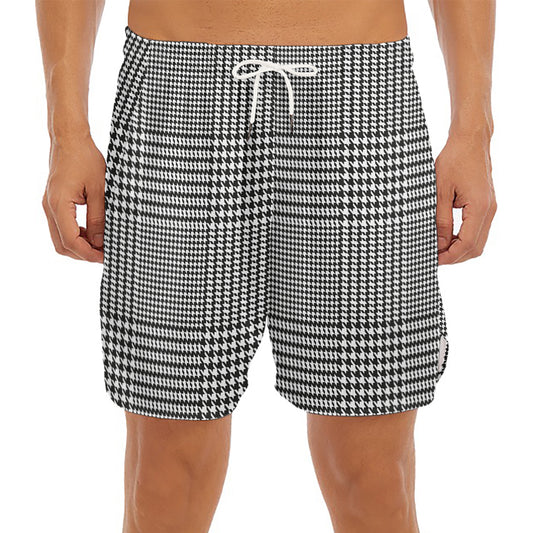 Black And White Glen Plaid Print Men's Split Running Shorts