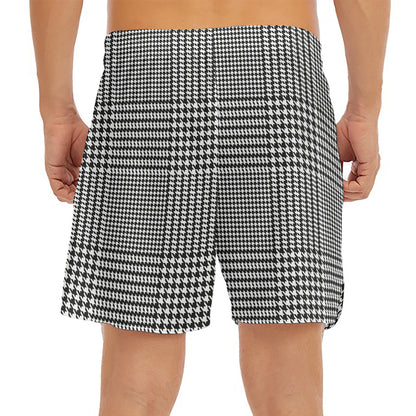 Black And White Glen Plaid Print Men's Split Running Shorts