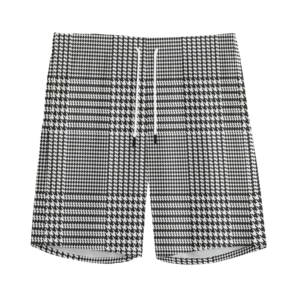 Black And White Glen Plaid Print Men's Sports Shorts