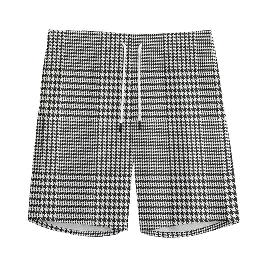 Black And White Glen Plaid Print Men's Sports Shorts