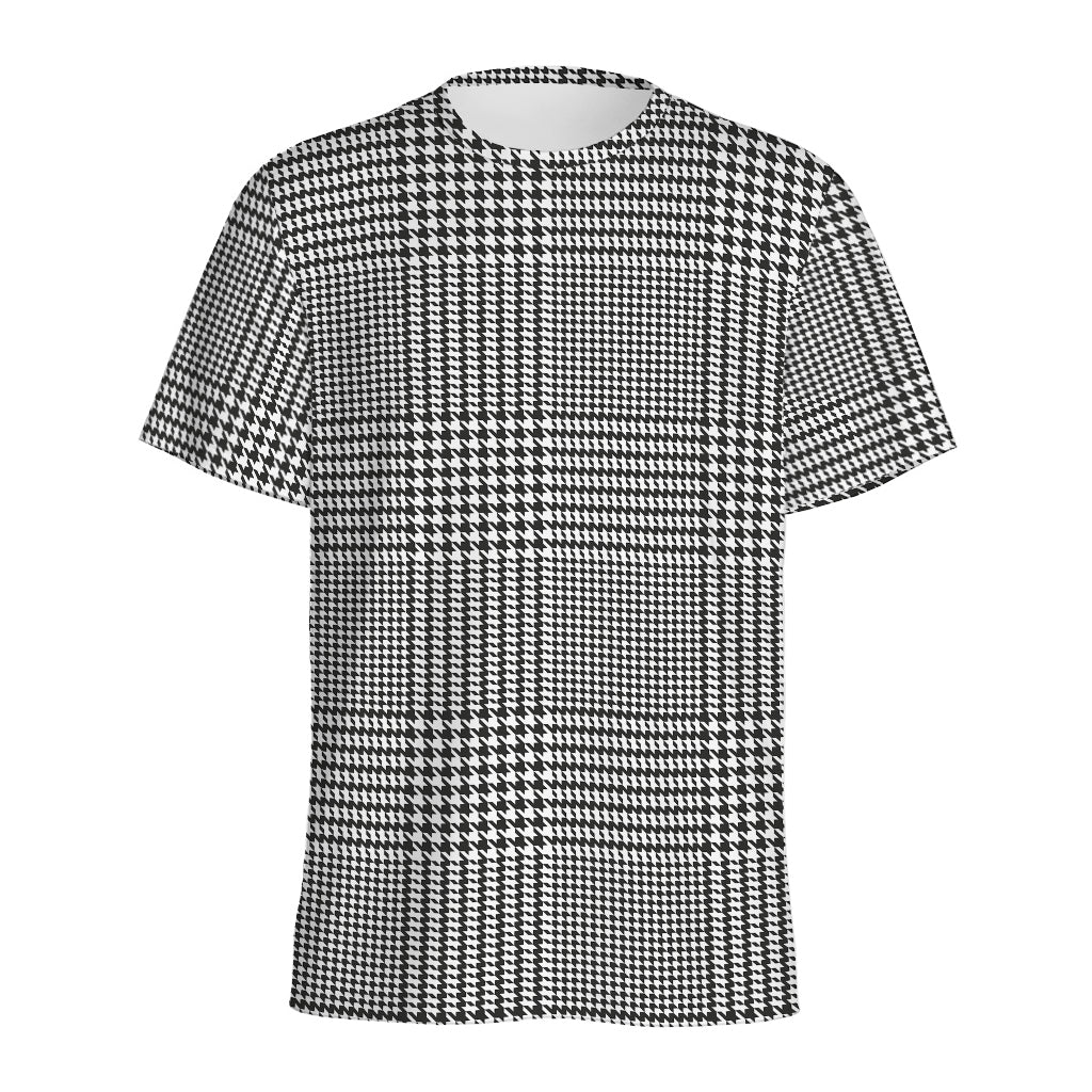 Black And White Glen Plaid Print Men's Sports T-Shirt