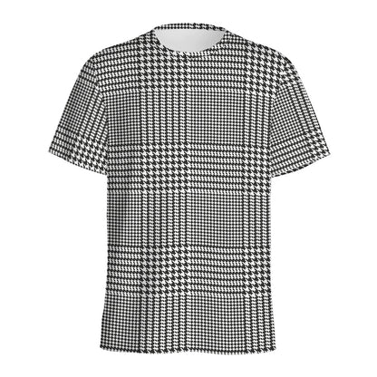 Black And White Glen Plaid Print Men's Sports T-Shirt