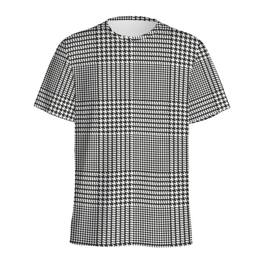 Black And White Glen Plaid Print Men's Sports T-Shirt