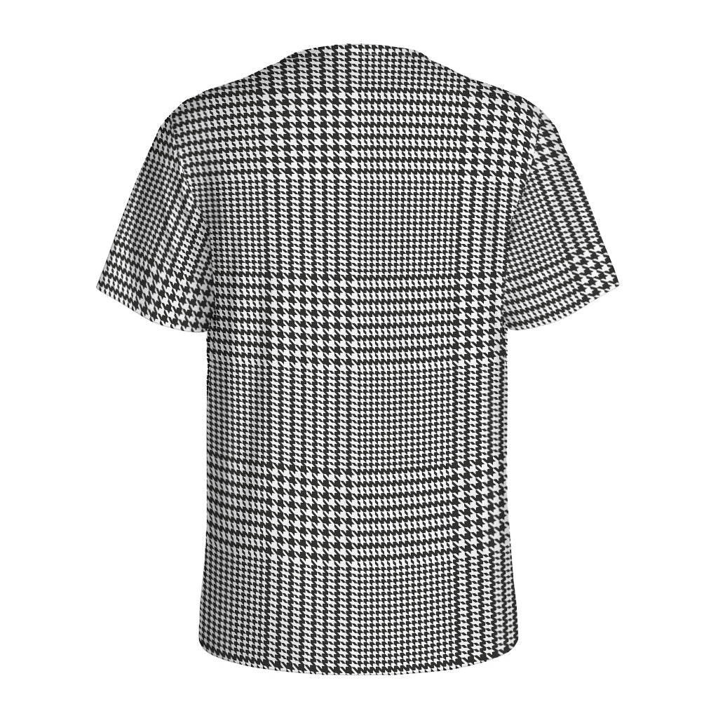 Black And White Glen Plaid Print Men's Sports T-Shirt