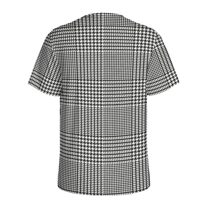 Black And White Glen Plaid Print Men's Sports T-Shirt