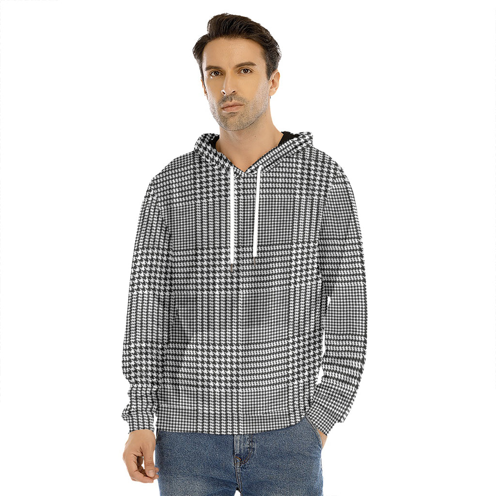 Black And White Glen Plaid Print Men's Velvet Pullover Hoodie