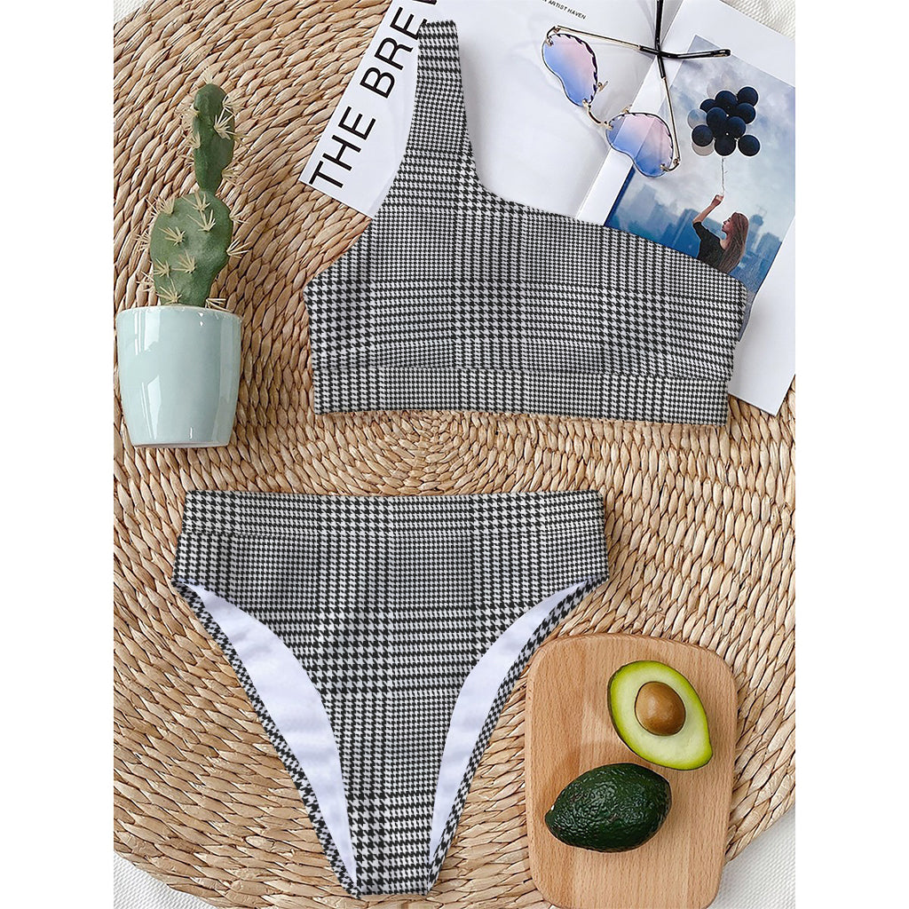 Black And White Glen Plaid Print One Shoulder Bikini Top