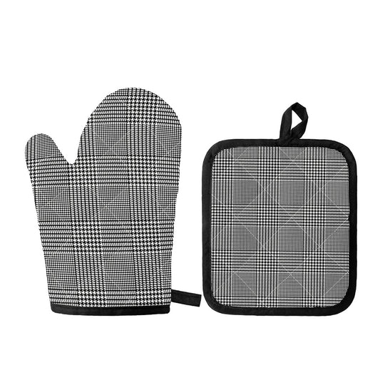 Black And White Glen Plaid Print Oven Mitt And Pot Holder Set