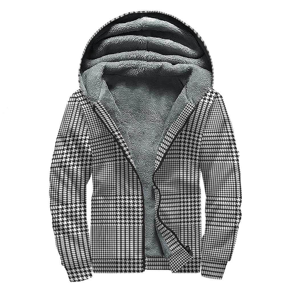 Black And White Glen Plaid Print Sherpa Lined Zip Up Hoodie