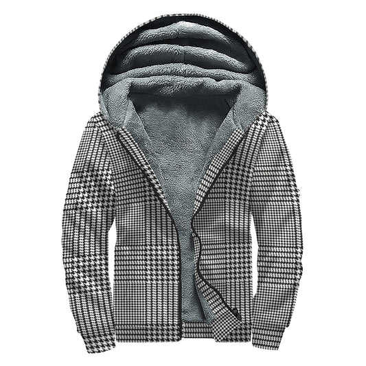 Black And White Glen Plaid Print Sherpa Lined Zip Up Hoodie