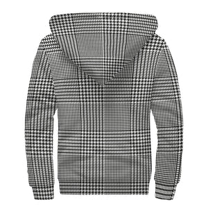 Black And White Glen Plaid Print Sherpa Lined Zip Up Hoodie